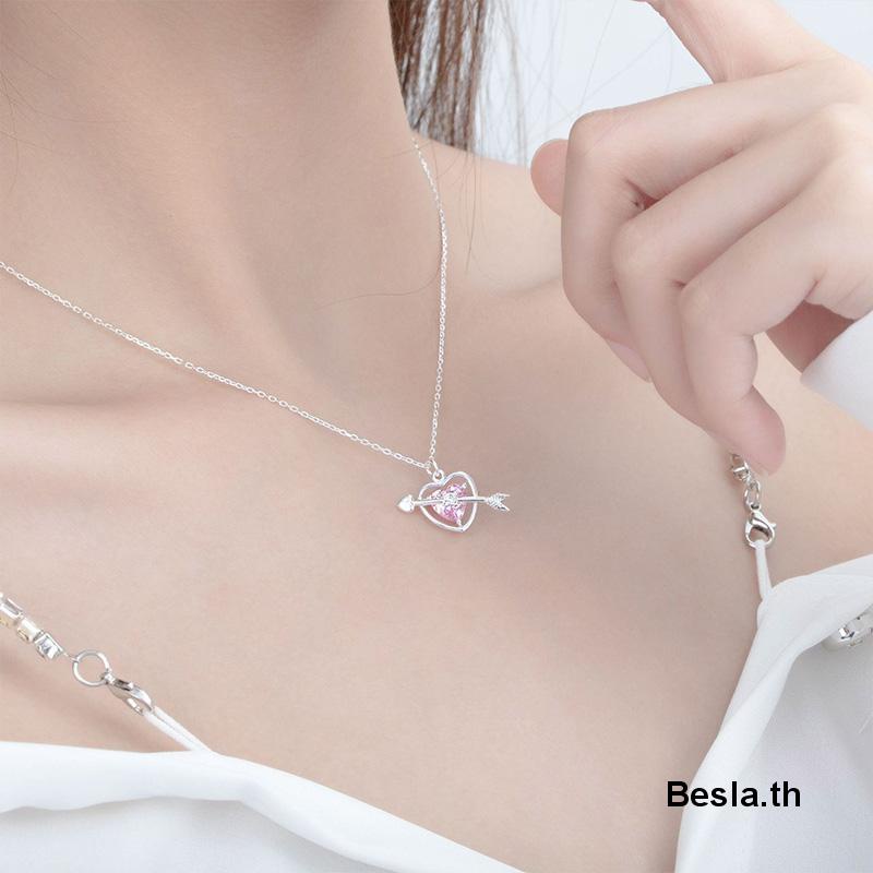 เครื่องประดับ-สร้อยคอ-สร้อยข้อมือ-จี้รูปลูกศร-หัวใจ-ประดับคริสตัล-สีชมพู-แฟชั่นสําหรับผู้หญิง
