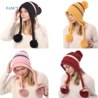 Fancyqube หมวกถัก ผ้าขนสัตว์ แบบหนา ให้ความอบอุ่น เข้ากับทุกการแต่งกาย แฟชั่นฤดูหนาว สไตล์เกาหลี สําหรับผู้หญิง