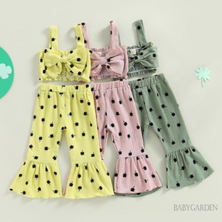 Babygarden-1-5 ปี ชุดเสื้อผ้าเด็กผู้หญิง, เสื้อกั๊ก พิมพ์ลายใบโคลเวอร์สี่แฉก + กางเกงขาบาน เอวยางยืด