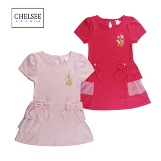 Chelsee ชุดเดรสกระโปรง เด็กผู้หญิง ประดับโบว์ ปักลายหอไอเฟล Paris สีแดง,ชมพู รุ่น 237805 ผ้า 100%Cotton อายุ 2-9 ปี