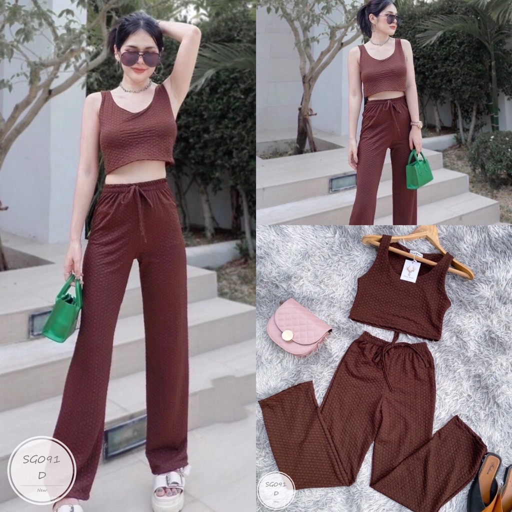 es091-เซตเสื้อครอปกางเกงขายาว-เสื้อแขนกุด-กางเกงขายาว-เอวสม้อกหลัง-แต่งเชือกผูกโบว์-งานผ้ายืดลายนูน-ทรงสวยใส่แล้วพอดี