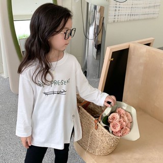 เสื้อยืดลําลอง แขนยาว คอกลม พิมพ์ลายตัวอักษร ทรงหลวม สําหรับเด็กผู้หญิง
