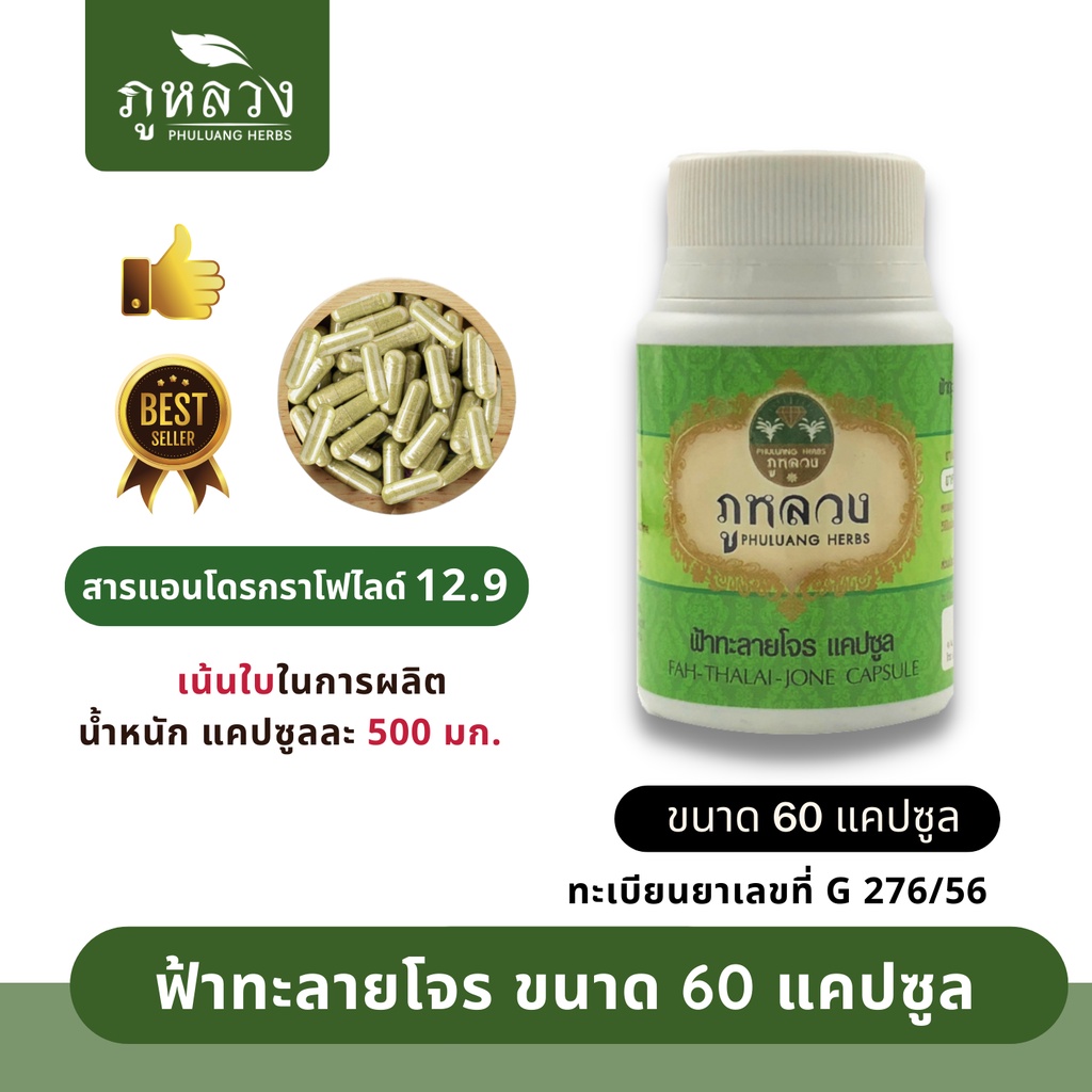 ภาพหน้าปกสินค้าฟ้าทะลายโจร ตรา ภูหลวง (น้ำหนัก 500 mg)   โค้ดส่วนลด ถ้ามีจะโพสที่หน้าร้าน  ฟ้าทะลายโจรแคปซูล ขวดละ 60 แคปซูล จากร้าน phuluang_shop บน Shopee