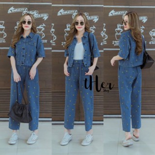 ✅พร้อมส่ง✅ ชุดเซท2ชิ้น ผ้ายีนส์ฟอกลายยิ้ม คอปกแขนสั้น อก38”+  กางเกงเอวสม็อค tHer venus