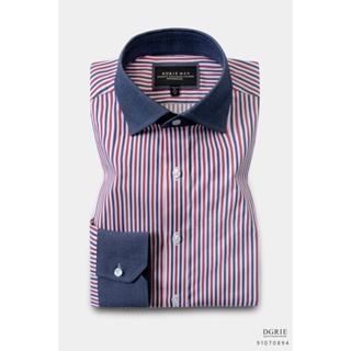 Cotton Triple Tone Stripes Navy Collar N/R shirt-เสื้อเชิ้ตคอปกผ้าเดนิมลายทาง