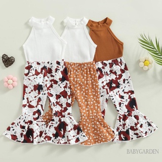 Babygarden-9 เดือน -4 ปี ชุดเสื้อผ้าเด็กผู้หญิง, เสื้อกล้ามคล้องคอ ลําลอง ฤดูร้อน + กางเกงขาบาน ลายเสือดาว / ดอกไม้