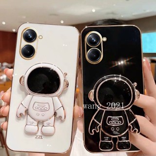 Plating Astronaut Stand Phone Case for Realme 10 Pro +Plus 10T 5G 4G เคส Luxury Electroplating Square Casing Camera Lens Protective Soft Case เคสโทรศัพท