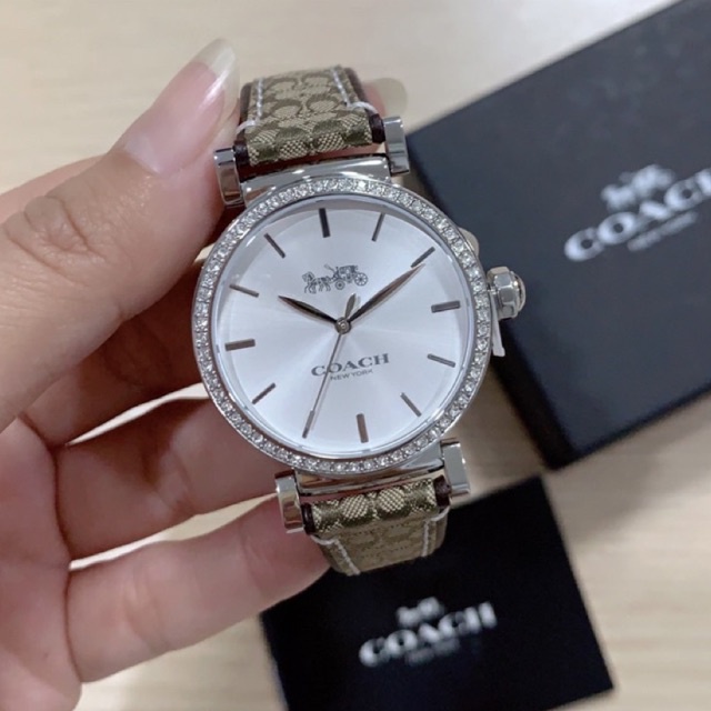 ผ่อน0-นาฬิกา-coach-madison-crystal-watch-14503549-หน้สปัดกลม-ล้อมคริสตัล-ขนาด-34-mm-สายหนัง-ลายซีสีน้ำตาล