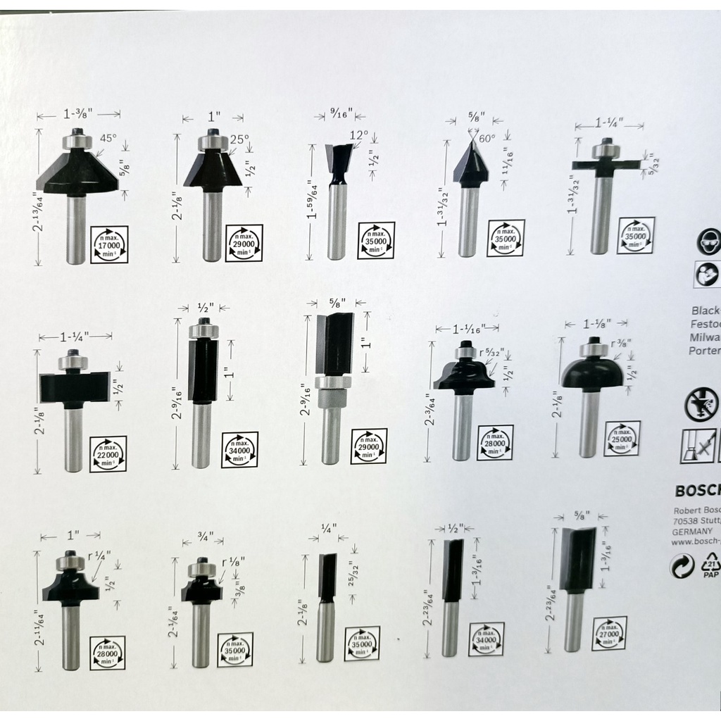 bosch-ชุดดอกเร้าเตอร์แกน-1-4-นิ้ว-กล่องพลาสติก-15-ดอก-ชุด