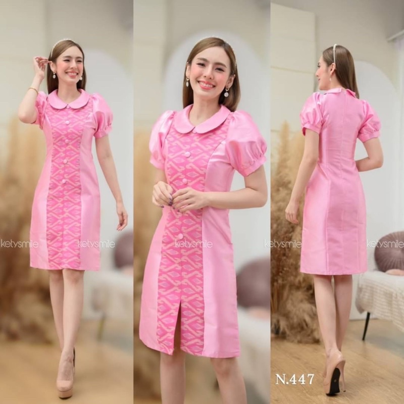 s-2xl-ชุดเดรสผ้าทอลายคอบัว-แต่งด้วยผ้าไหมญี่ปุ่น-แขนตุ๊กตาดูหวาน-งานอัดกาวทั้งชุด