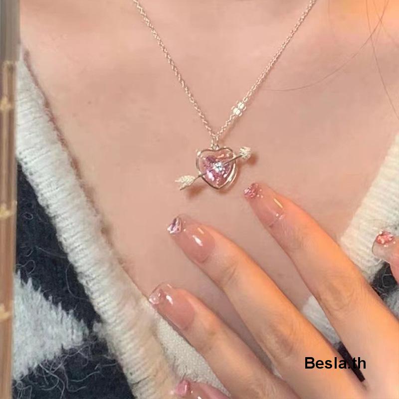 เครื่องประดับ-สร้อยคอ-สร้อยข้อมือ-จี้รูปลูกศร-หัวใจ-ประดับคริสตัล-สีชมพู-แฟชั่นสําหรับผู้หญิง