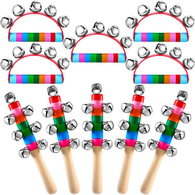 10 Pcs Hand Bells Rainbow Handle Sleigh Bells Handhold Wooden Bells