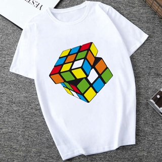 Twisted Rubik&amp;#39;s Cube Printed Women&amp;#39;s T-Shirt Fashionable Casual Versatile White Top Short-sleeved Round Neck Com