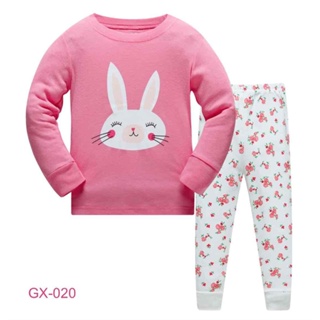L-HUGX-020 ชุดนอนเด็กหญิง แนวเข้ารูป Slim Fit ผ้า Cotton 100% เนื้อบาง สีชมพู ลายกระต่าย