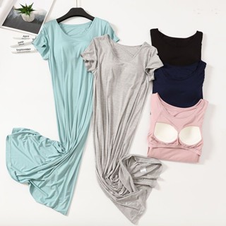 💞Hot sale💞รุ่นขยายของ modal พร้อมแผ่นรองหน้าอกแขนสั้น nightdress ผู้หญิงชุดนอนชุดนอนชิ้นเดียวหลวมชุดบริการที่บ้าน
