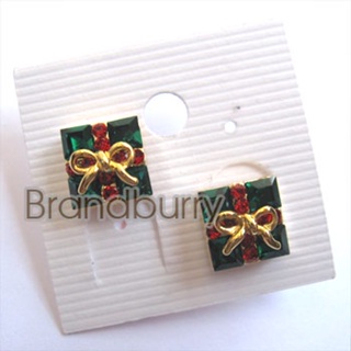 ต่างหูกล่องของขวัญ โบว์สีทอง คริสตัลสีเขียวและแดง งานเกาหลี