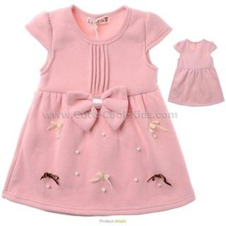 Dress-221 ชุดกระโปรงผ้าสำลีสีชมพูอ่อน แต่งโบว์ (หนาเพิ่มความอบอุ่น) Size-110 (4-5Y)