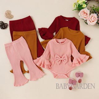 Babygarden-0-12months ชุดรอมเปอร์แขนยาว คอกลม ประดับโบว์ กางเกงขายาว สําหรับเด็กผู้หญิง