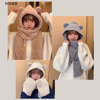 [NSNEB] 3-in-1 หมวกผ้าพันคอ ผ้ากํามะหยี่ขนนิ่ม รูปหูหมีน่ารัก กันลม ให้ความอบอุ่น แฟชั่นฤดูหนาว สําหรับผู้หญิง 1 ชิ้น QQW