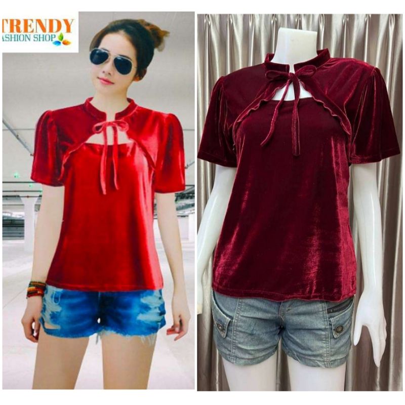 เสื้อแดงตรุษจีนผู้หญิง-เสื้อกํามะหมี่คอจีนผูกโบว์-free-size-36-40-นี้ว