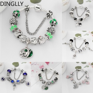 Dinglly สร้อยข้อมือลูกปัด สีเขียว หัวใจ สัตว์ เสน่ห์ สําหรับผู้หญิง DIY สีเงิน ไดโนเสาร์ สร้อยข้อมือ ลูกปัด