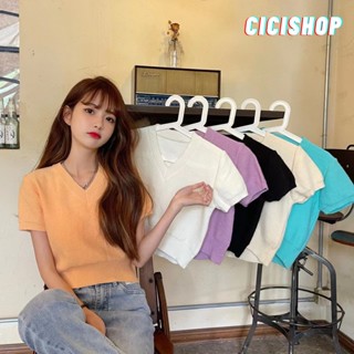 Cicishop(73072)เสื้อแขนสั้นไหมพรมคอวี ผ้าร่องเล็ก สีพาลเทลสดใส  ไม่รัด  สีน่าร้ากก