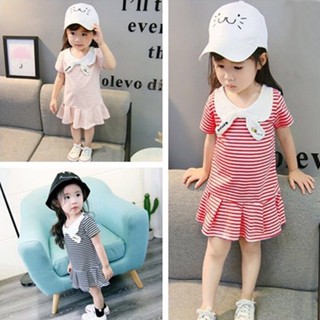 Babyonline(Y006)D2 ชุดเดรสกระโปรงแต่งจีบรอบสำหรับเด็กผู้หญิงลายทาง ผ้าฝ้าย นิ่ม