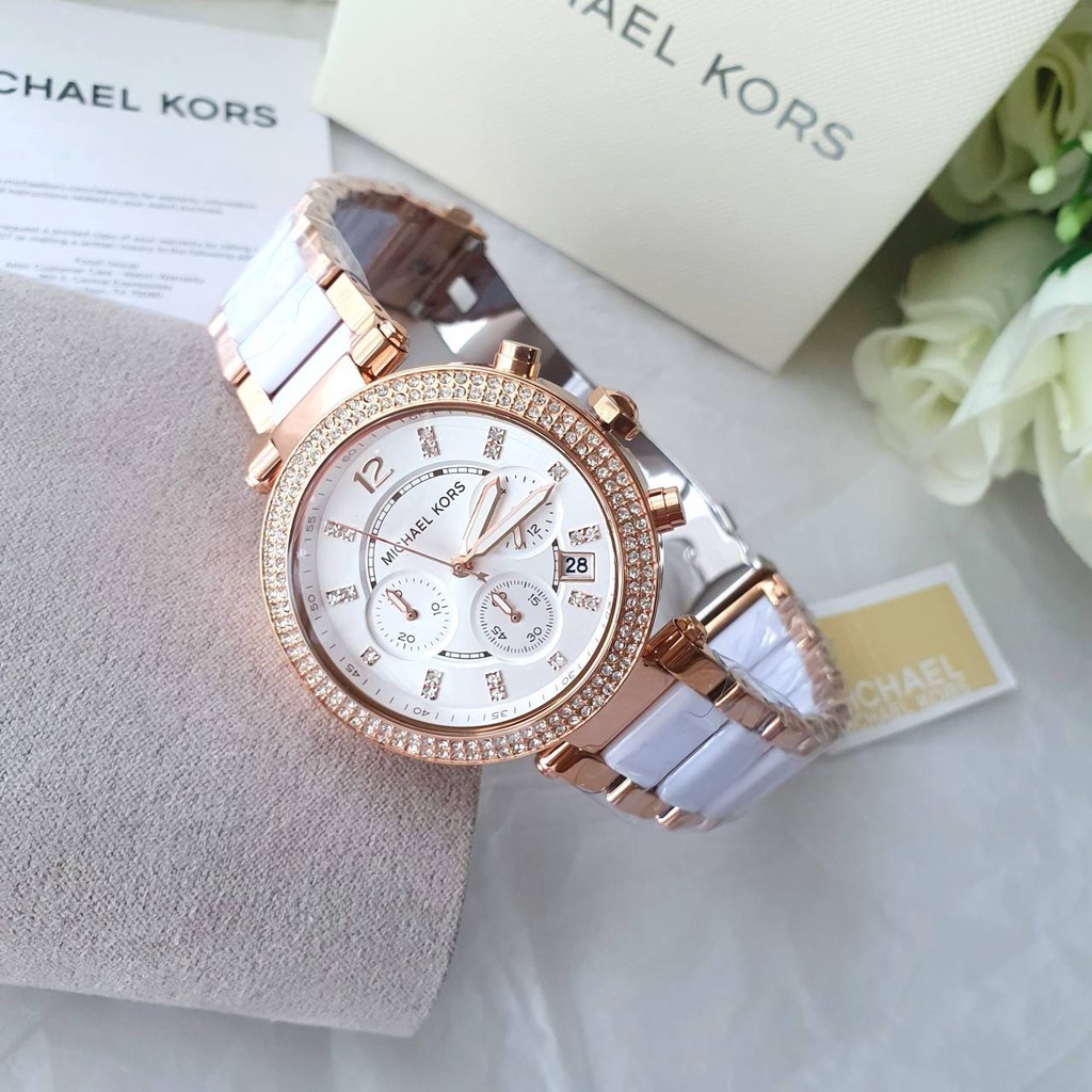 แท้-พร้อมส่ง-นาฬิกา-mk5774-michael-kors-parker-chronograph-white-dial-ladies-watch