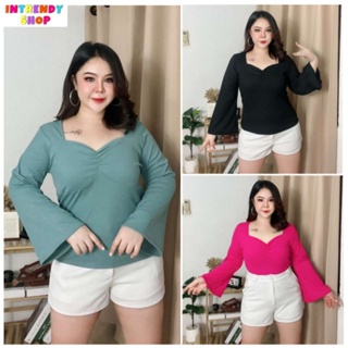 พร้อมส่ง.เสื้อยืดแฟชั่นสาวอวบแขนกระดิ่ง คอเหลี่ยม Free size:38 - 46 นิ้ว.ผ้าร่องยืด