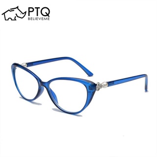 แว่นตาอ่านหนังสือ ทรงตาแมว ประดับมุก ป้องกันสายตาสั้น สีฟ้า หรูหรา แฟชั่นสําหรับผู้หญิง +100~+400 PTQ