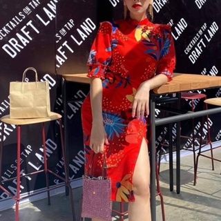 (ตรุษจีน)CHINESE DRESS (ตรุษจีน)  ชุดเดรสกี่เพ้าคอปีน สีแดงแซ่บมาก สวยปังดีไซด์ผ่าหน้าขาเซ็กซี่เบาๆ มีระบายเล็กๆ