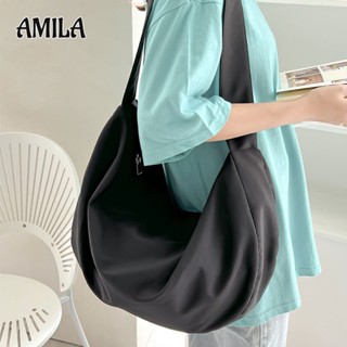 Amila ใหม่ กระเป๋าสะพายไหล่ ผ้าไนล่อน สีพื้น ความจุขนาดใหญ่ สไตล์เกาหลี สําหรับนักเรียน