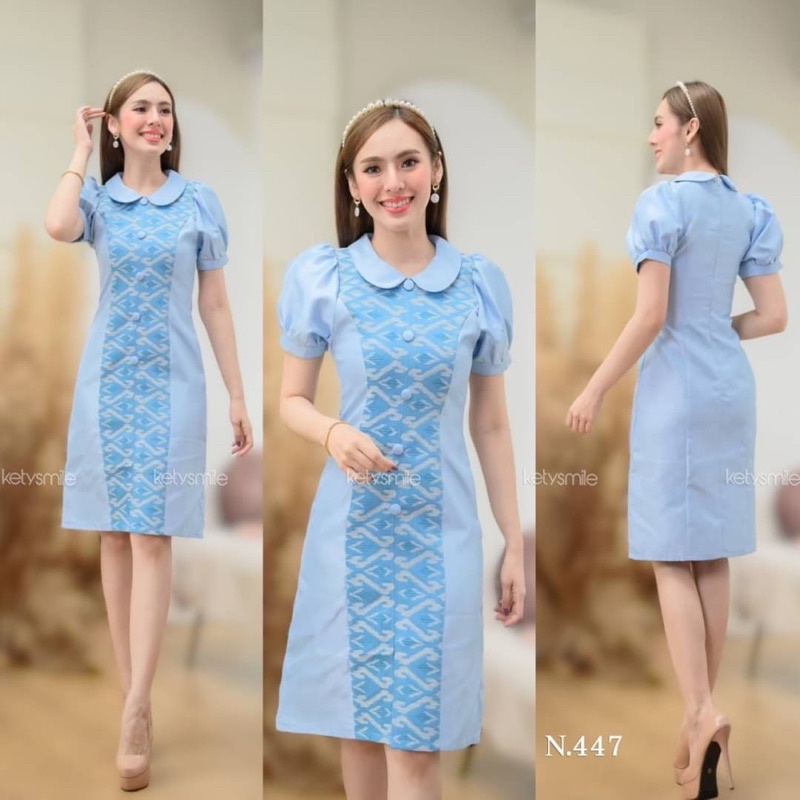 s-2xl-ชุดเดรสผ้าทอลายคอบัว-แต่งด้วยผ้าไหมญี่ปุ่น-แขนตุ๊กตาดูหวาน-งานอัดกาวทั้งชุด