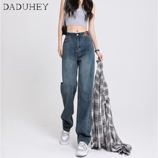 DaDuHey💕 Womens Retro Blue High Waist New Loose Slimming and Straight Wide-Leg Pants High Street Ins Jeans