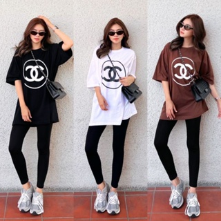 เซทเสื้อยืดคอกลมแขนสั้น ทรง oversize สกรีนโลโก้ Chanel กลางอก ผ้ายืด สวย ใส่สบาย