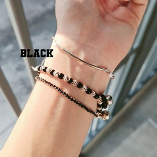 พร้อมส่ง กำไลข้อมือเรียบ เก๋ เท่ อะไหล่เงินสีดำขาว ใส่ได้ทั้งชายแหละหญิง