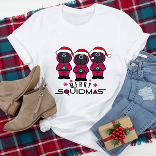 Merry Squidmas Colored T Shirt Funny Women Winter Short Sleeve Tshirt Christmas Holiday Tee Shirt Topเสื้อยืดผู้หญิง