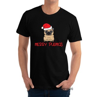 เสื้อครอปสายฝอ เสื้อยืดของขวัญธรรมดาปกกลมร่าเริง Pugmas คริสต์มาสเสื้อยืดผ้าฝ้ายผู้ชายเสื้อยืดแขนสั้นปกติ T-sh