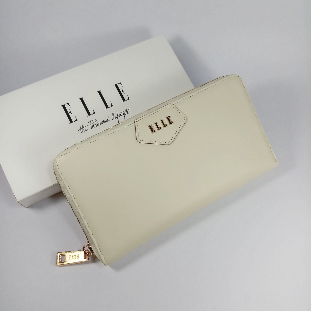 elle-bag-กระเป๋าสตางค์ผู้หญิงใบยาวซิปรอบ-สีขาวครีม-ใบใหญ่-หนังเรียบ-อะไหล่สีทอง