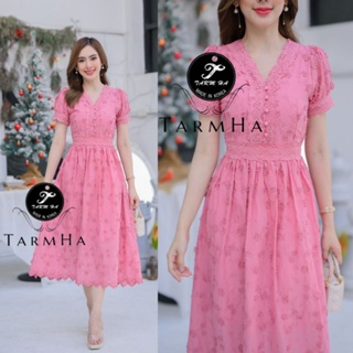 3Dเดรสเพื่อนเจ้าสาว!!! S-4XL Dress เดรสสีชมพูปักดอกไม้3มิติแขนพอง งานป้าย Tarm Ha