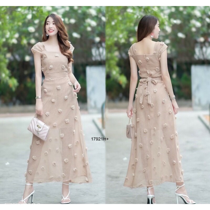 maxi-dress-ผ้าซีทรูแต่งปอมๆ-สวยมาก