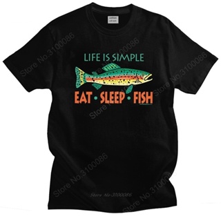 Funny Fishing Tshirt Unisex Adult Short Sleeves Soft Cotton T-Shirt Crew Neck Print Eat Sleep Fish Tee Shirt Life Is Sim