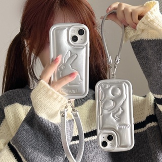 เคสโทรศัพท์มือถือหนัง ลายกระต่าย สีเงิน สําหรับ iPhone 14 13 12 11