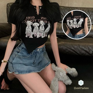 สไตล์วินเทจ  เสื้อครอปพิมพ์ลายสุนัข  ฤดูร้อนครอบตัดท็อปส์  สำหรับผู้หญิง  แฟชั่นแขนสั้น  คอกลมเรขาคณิต