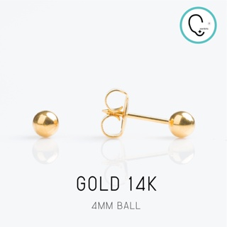 (ส่งฟรี)ทองแท้14K ต่างหูสำหรับผิวแพ้ง่าย BALL 4MM สีทอง ปลอดภัย 100%_STD058