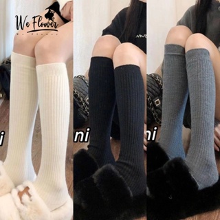 We Flower Preppy Look White Black Cotton Knee High Socks for Women Girls Lolita JK Style Knit Warm Thick Stockings Casual Wear Socks Footwear