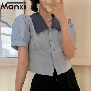 Manxi Manxi เสื้อผู้หญิง เสื้อ polo แขนสั้น แขนฟองสบู่ น่ารัก A25K025