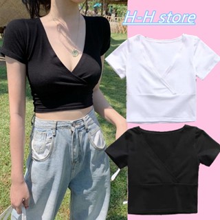 เสื้อยืดแขนสั้นผู้หญิงคอวีลึกคอต่ำสไตล์เกาหลีสลิมฟิตผ้านุ่มสบาย，เสื้อครอป