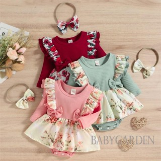 Babygarden-0-18 เดือน ชุดรอมเปอร์ คอกลม แขนยาว พิมพ์ลายดอกไม้ + ที่คาดผม สําหรับเด็ก