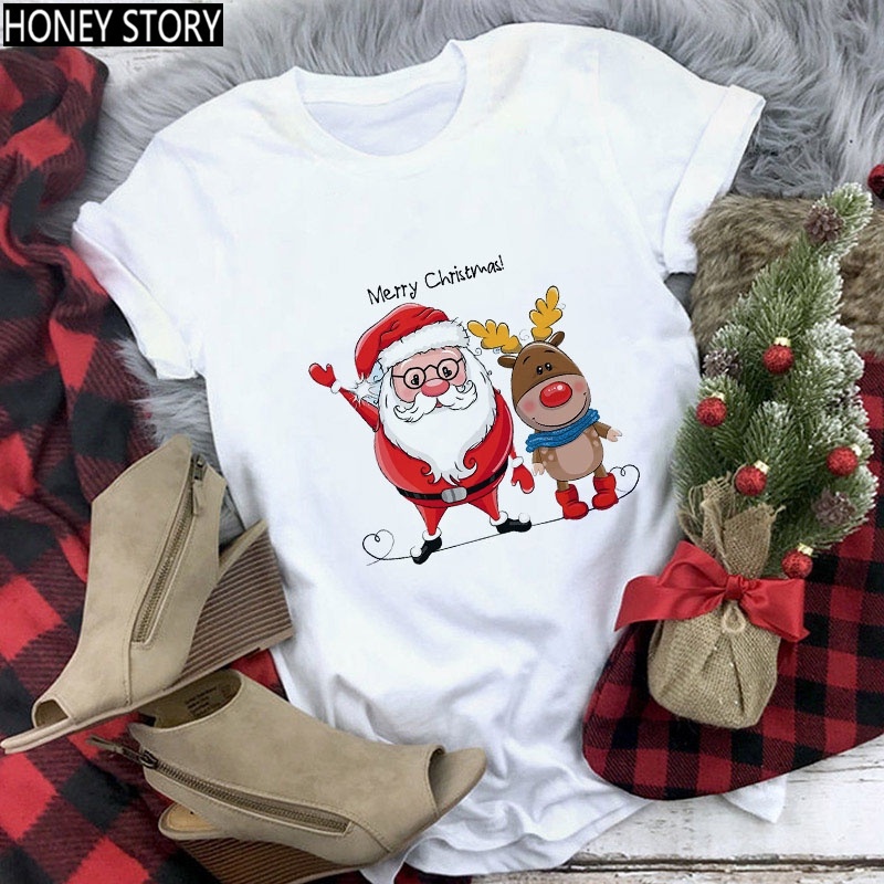 คริสต์มาส-merry-christmas-เสื้อยืด-ซานต้าน่ารัก-กวางเรนเดียร์น่ารักเสื้อยืดคอกลมพิมพ์ลายการ์ตูนคริสต์มาส-t-shirt-no-0